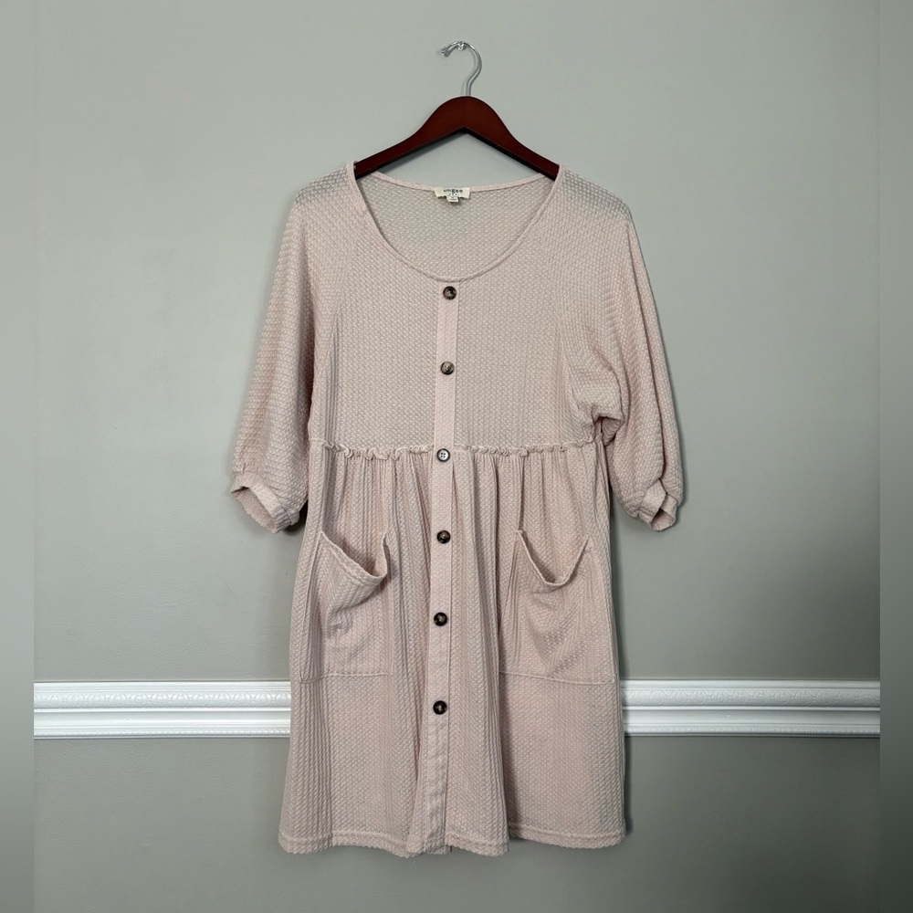 Umgee Blush Waffle Knit Babydoll Dress Medium Oversized Cottagecore Boho Pockets - Picture 4 of 6